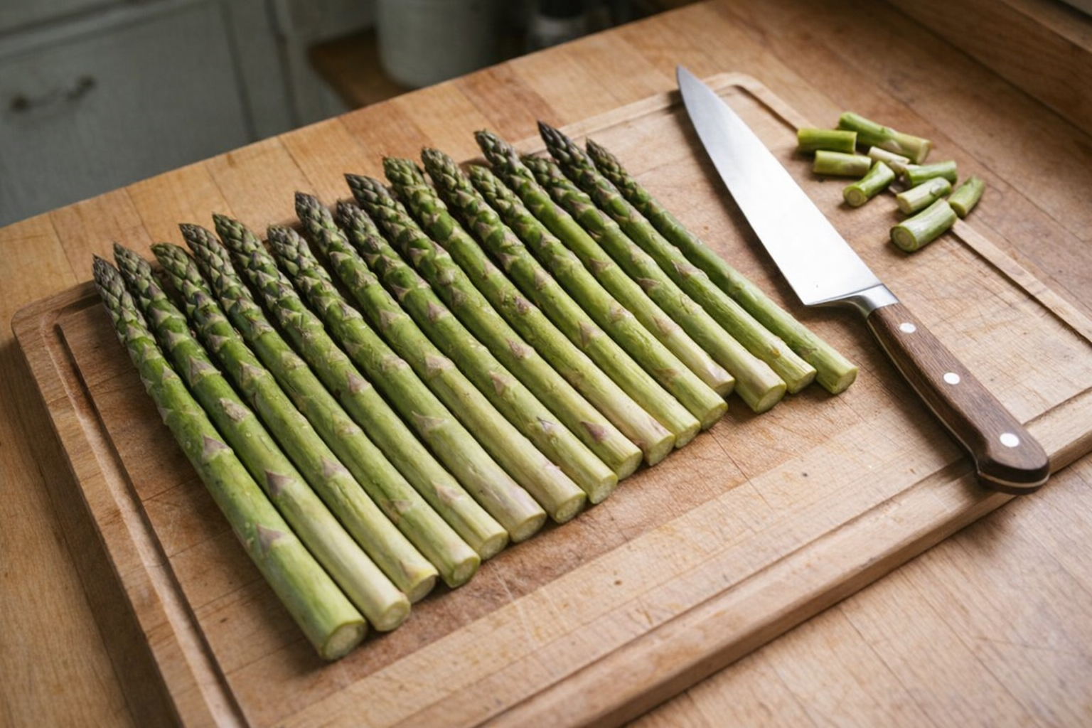 A top-down shot of fresh asparagus spears laid out on a wooden cutting board, a sharp knife beside them, ready for trimming, natural light